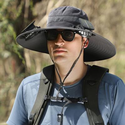 Fisherman Hat with Dual Brushless Cooling Forehead Neck Solar Fans UPF50 Anti-UV Fabric Wide Brim Adjustable