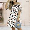 Women Plus Size White Off Shoulder Short Sleeve Tie Cuff Printed A Line Dress