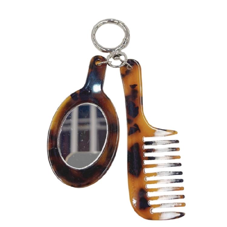 Leopard Comb Keychain with Makeup Mirror Pendant Fashionable Handmade Acetate Keyring Accessory Women Beauty Tool