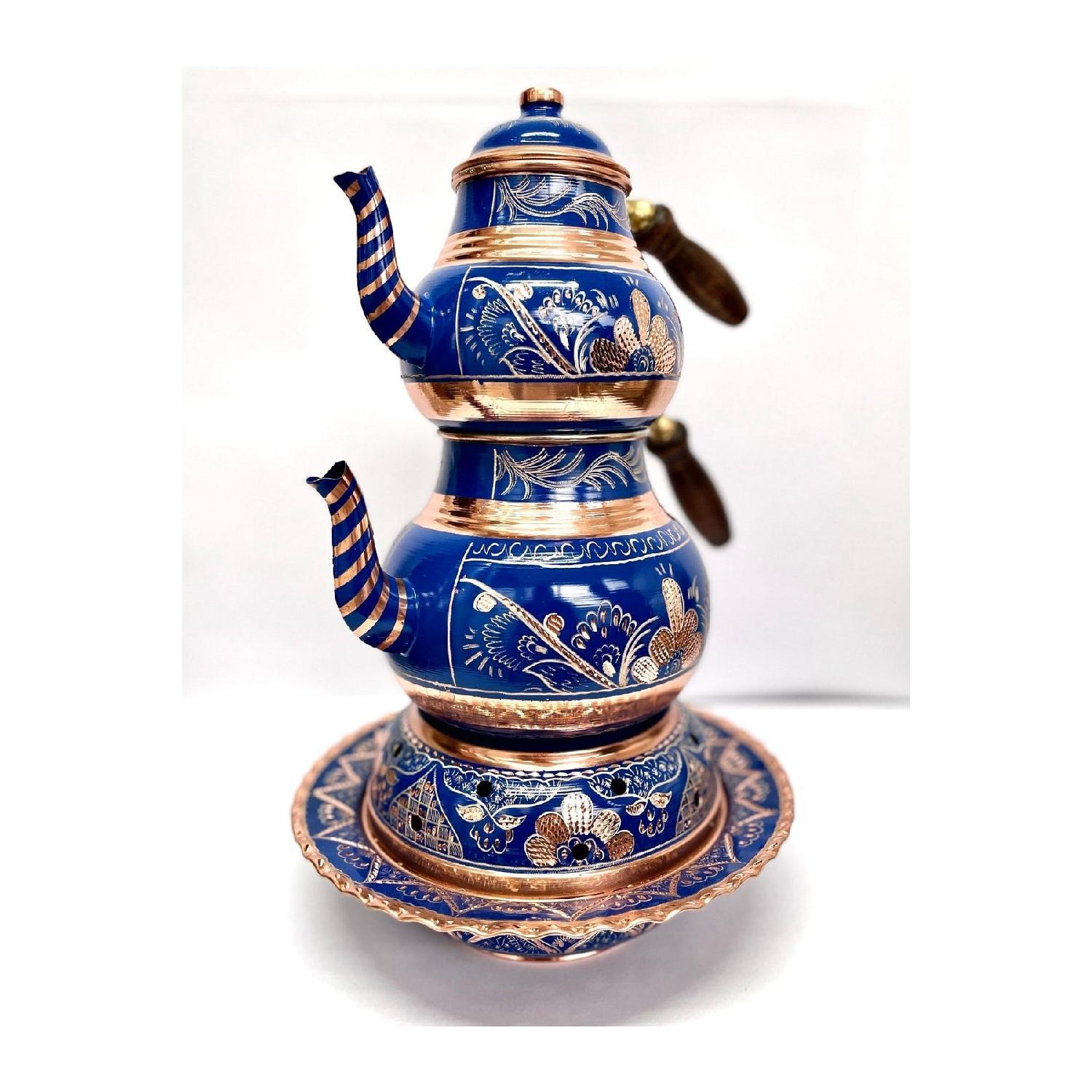 

Embroidered Copper Teapot Set With Copper Ottoman Stove (no:2) blue синій