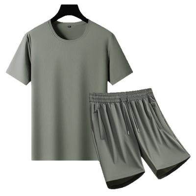 Letná tenká ľadová hodvábna nadrozmerná súprava s krátkym rukávom pre pánsky šport a voľný čas, voľný strih, fitness, rýchloschnúca ľadová senzácia, dvojdielna súprava