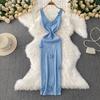 French three-dimensional flower V-neck knitted suspender dress women's summer Muse fan slim and thin hip-wrapped long skirt