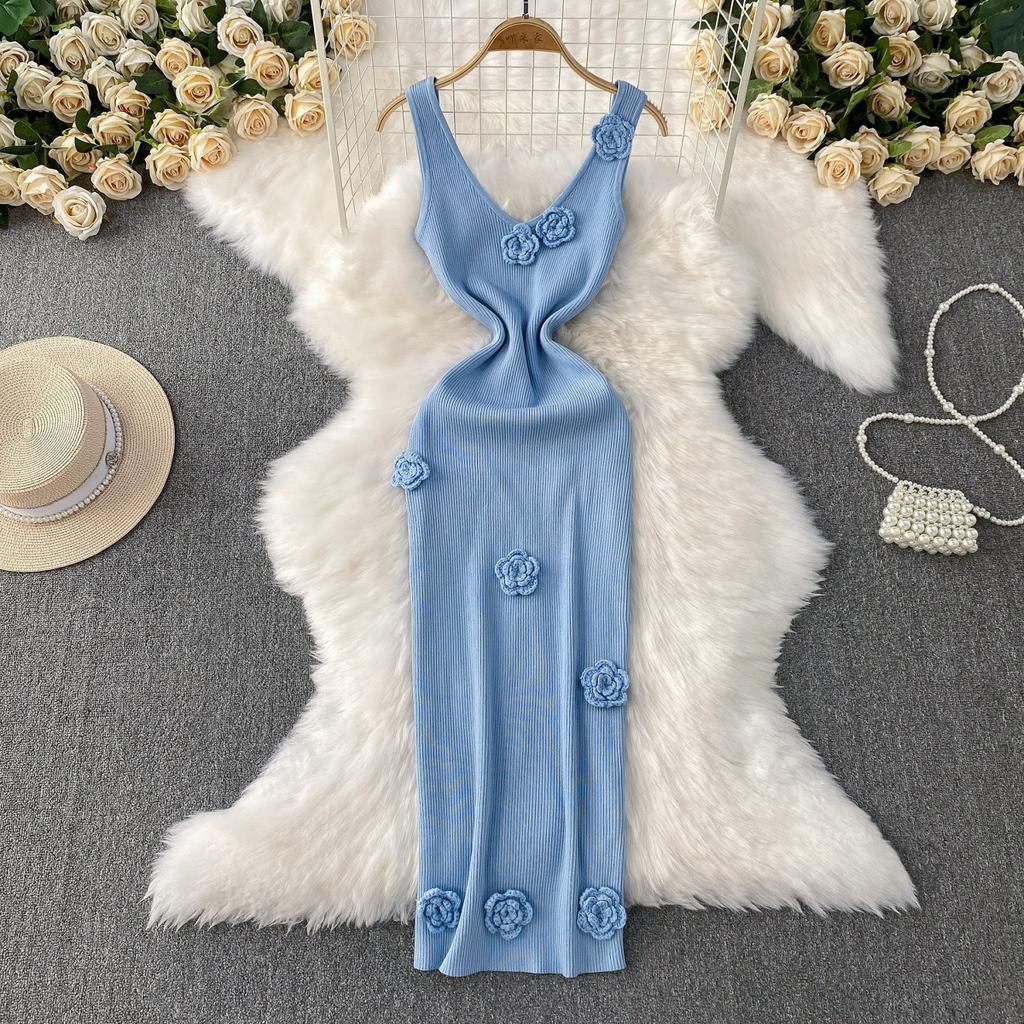 French three-dimensional flower V-neck knitted suspender dress women's summer Muse fan slim and thin hip-wrapped long skirt