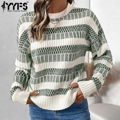 Women's Fashion Casual Fall Winter Stripe Print Long Sleeve O Neck Woolen Knitwear Sweaters
