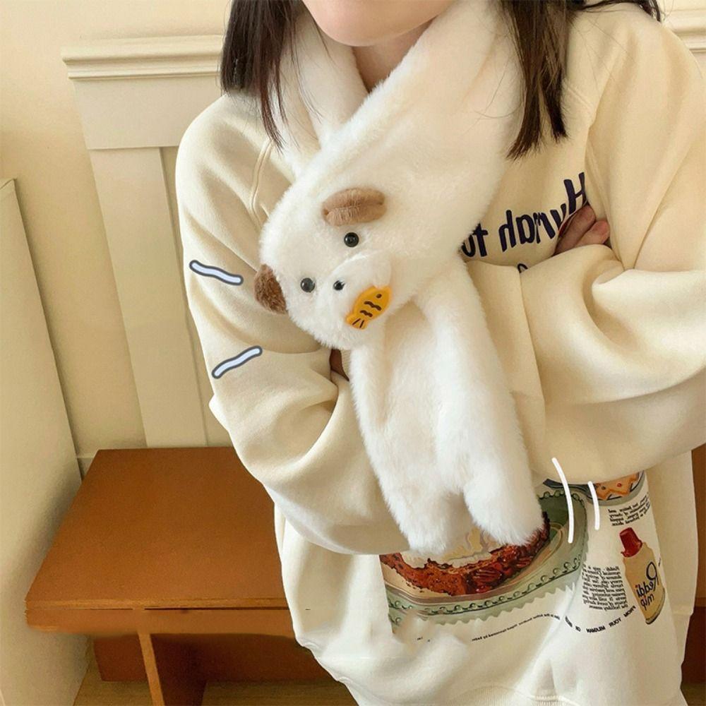 Hanging Rope Winter Plush Earflap Eat Fish Plush Scarf Glove Set Bear Earmuff Scarf  Cycling