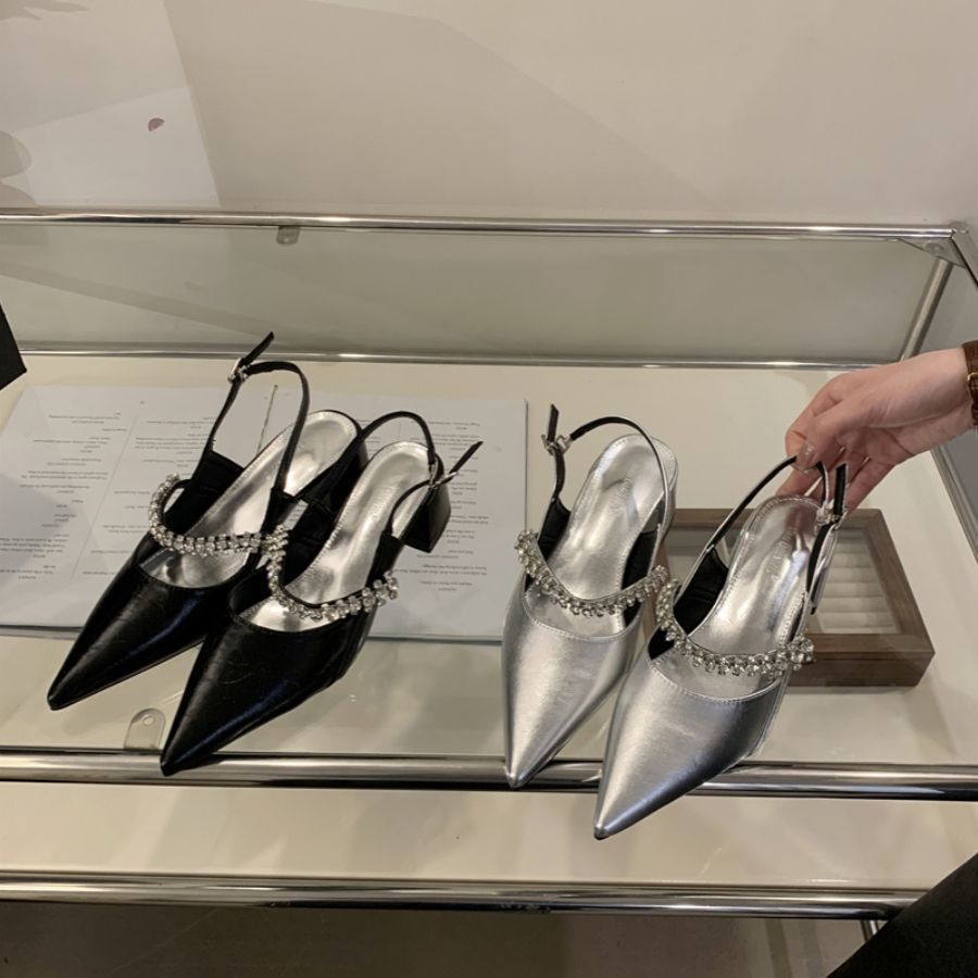 Silver bag head thick heel sandals fairy style 2025 summer vintage Mary Jane shoes rhinestone pointed high heel shoes