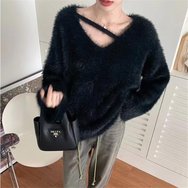 

Большой свитер из искусственного меха норки с подвеской на шею для женщин на зиму, свободный и толстый, средней длины, вязаный базовый свитер One Size чёрный