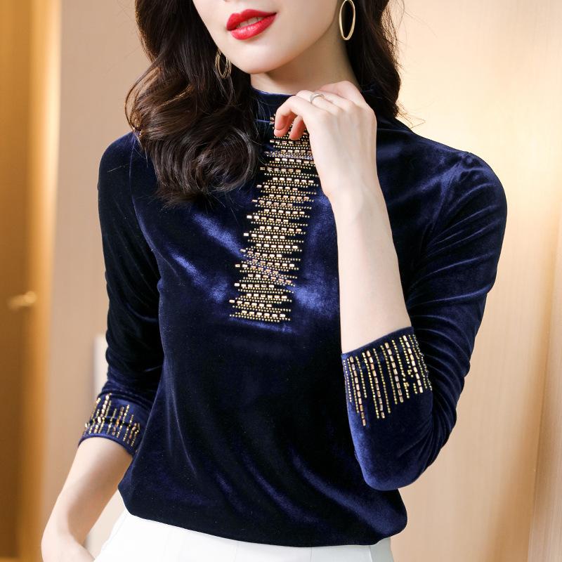 

Водолазка с воротником-стойкой и утолщенной основой из бархата для женщин, модная теплая рубашка на осень и зиму, футболка с длинными рукавами, топ из золотистого бархата 4XL