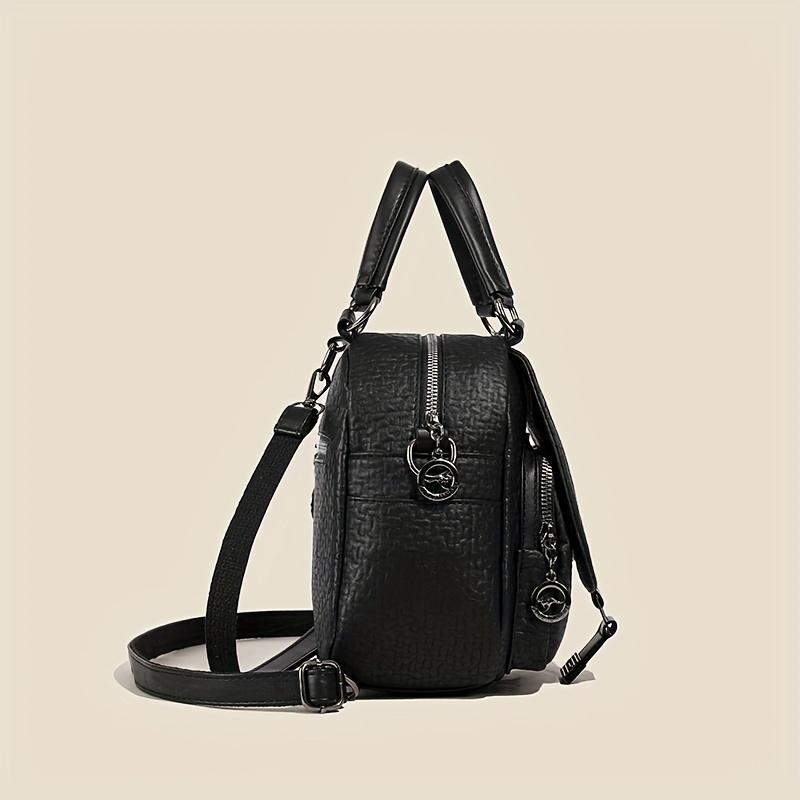 Black PU Leather Backpack, Women's Fashionable Vintage Small Handbag With Convertible Shoulder Straps, Rhinestone Elephant Daypack Purse