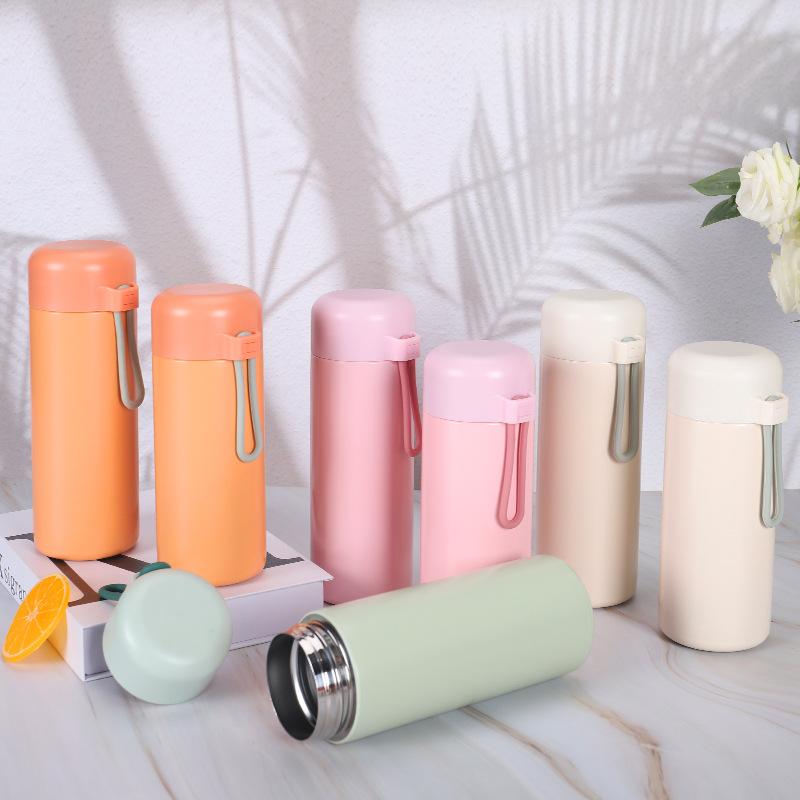 320/420ml 304 Stainless Steel Vacuum Flask, Portable Pocket Insulated Water Bottle with Carry Strap