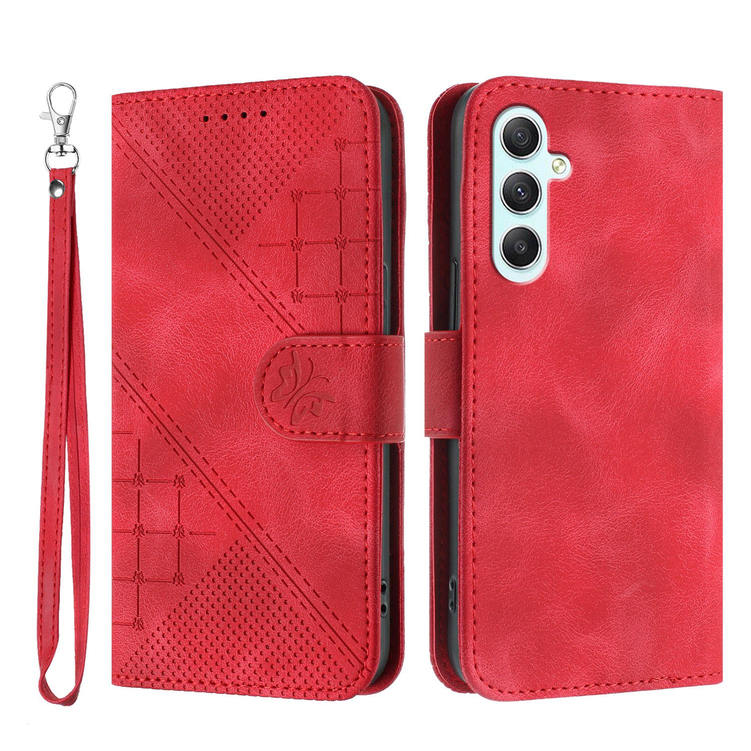 

For Samsung Galaxy A35 5G Leather Wallet Case Butterfly Flower Imprinted Phone Cover with Strap Red
