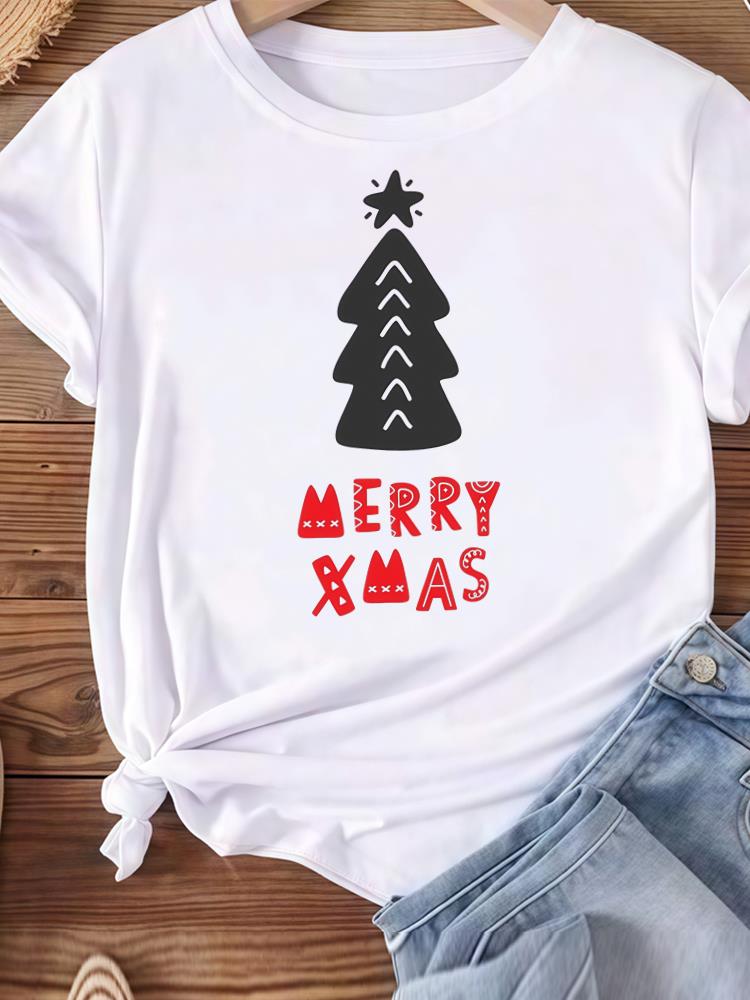 (Asian Size) tree gift happy new year Women's Top T Tee merry Christmas festival O-neck Clothing  Print Fashion ladies Graphic T-shirts