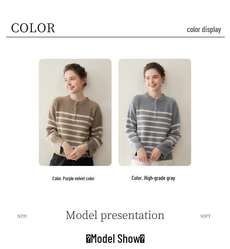 Women's Striped Color Block Henley Cashmere Sweater - Autumn/Winter Thick Knitwear