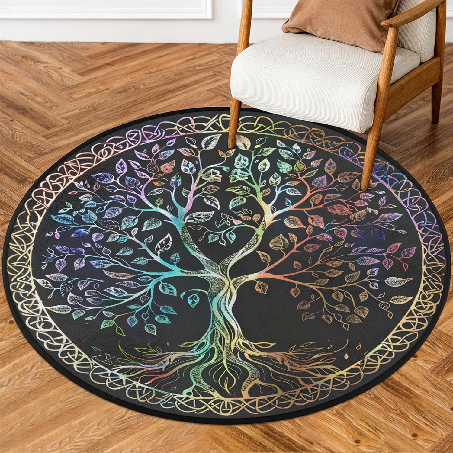 Rainbow Tree of Life Round Rug Iridescent Leaves Celtic Border for Spiritual Space 60cm