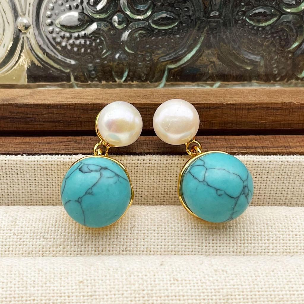 Vintage French Turquoise & Pearl Earrings for Women