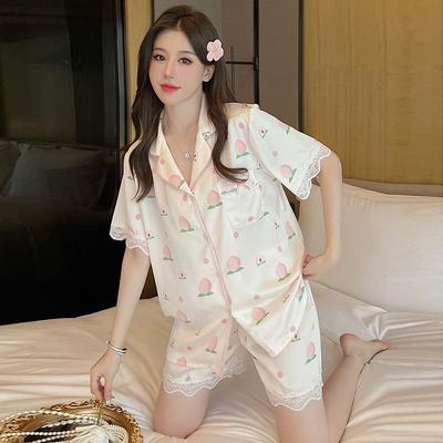 Sweet And Cute Girl Peach Jacquard Pajamas Ice Silk Short-Sleeved Shorts Lace Lace Summer Thin Loungewear