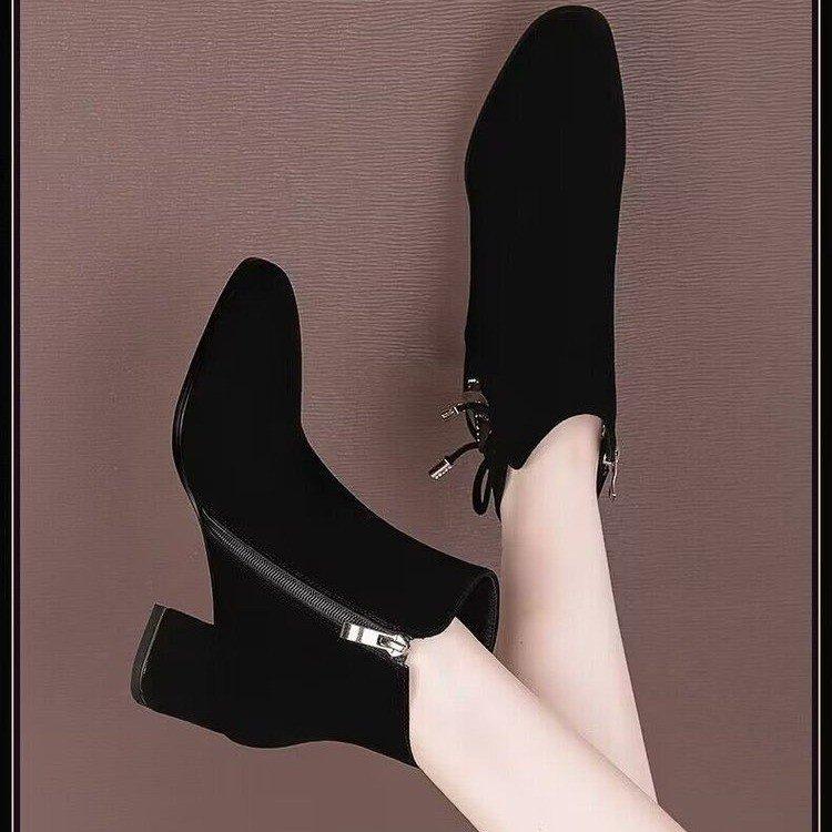 Short boots women's new spring and autumn single boots thick heel middle heel matte versatile women's boots winter velvet short women's shoes