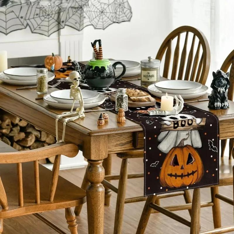 Halloween Polka Dot Ghost Pumpkin Cat Linen Table Runners Party Decor Reusable Dining Table Runners Kitchen Halloween Decoration