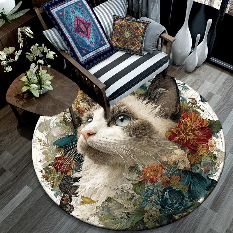 Cat in Flowers Round Area Rug,Carpet Rug for Living Room Bedroom Sofa Playroom Decor,Non-slip Floor Mat