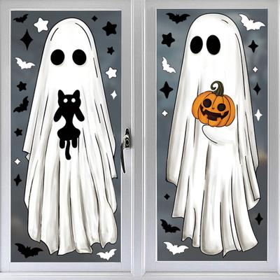 6 hárkov Halloween Veľkí duchovia Okenné nálepky Strašidelný netopier Čierna mačka Tekvicové nálepky Obojstranné PVC nálepky na domov, párty, obchod, sklenenú dekoráciu
