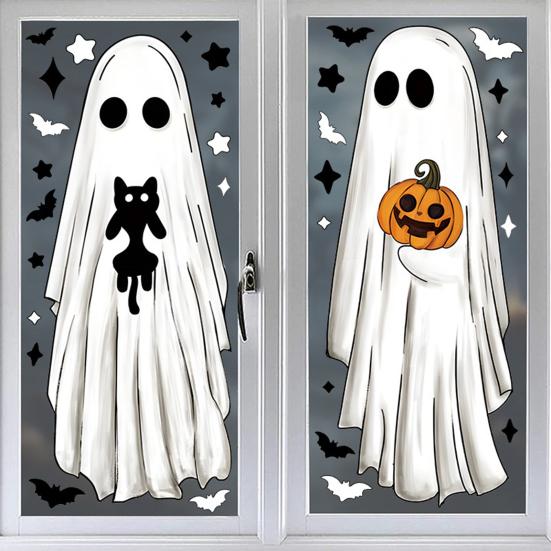 6 Sheets Halloween Large Ghosts Window Clings Spooky Bat Black Cat Pumpkin Stickers Double Sided PVC Decals for Home Party Store Glass Decoration