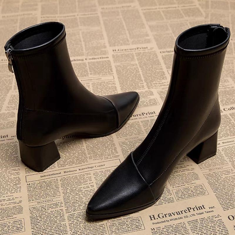 Pointed Toe Women Ankle Boots High Heels Chunky Leather Shoes Woman 2025 Trend Winter Fashion Elegant Casual Mujer Snow Botas