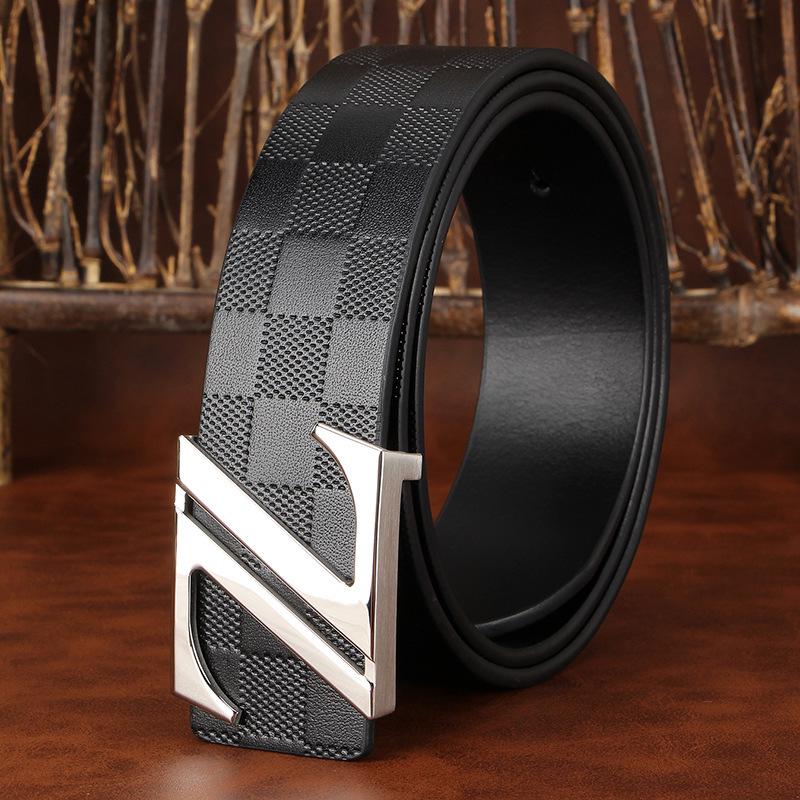 Men's Plaid Cowhide Belt with Stainless Steel Smooth Buckle