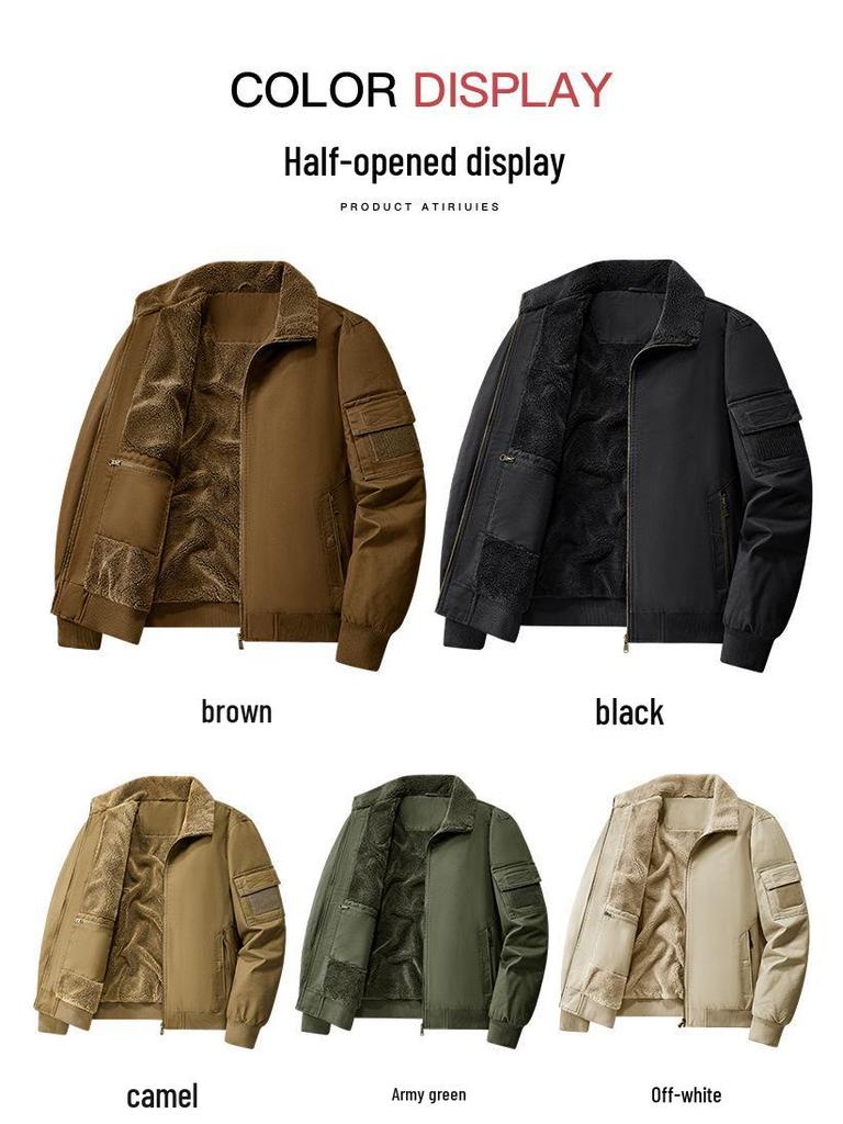 2025 Men's Double-Sided Washed Cotton Flight Jacket with Lambswool for Autumn/Winter