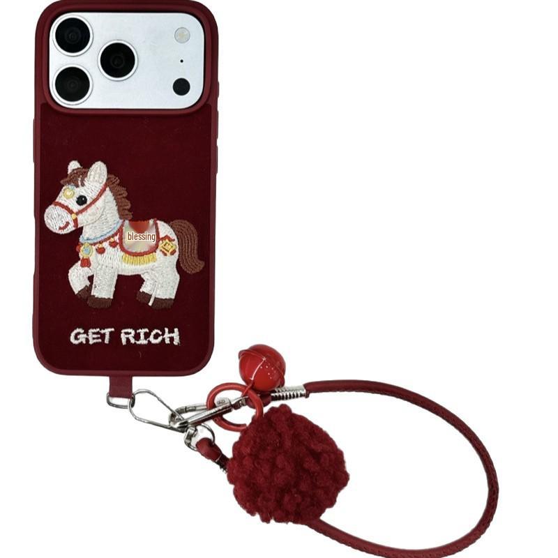 New Year Embroidered Fu Horse Lanyard for iPhone 17, 16 Pro Max, 15, 14 Case