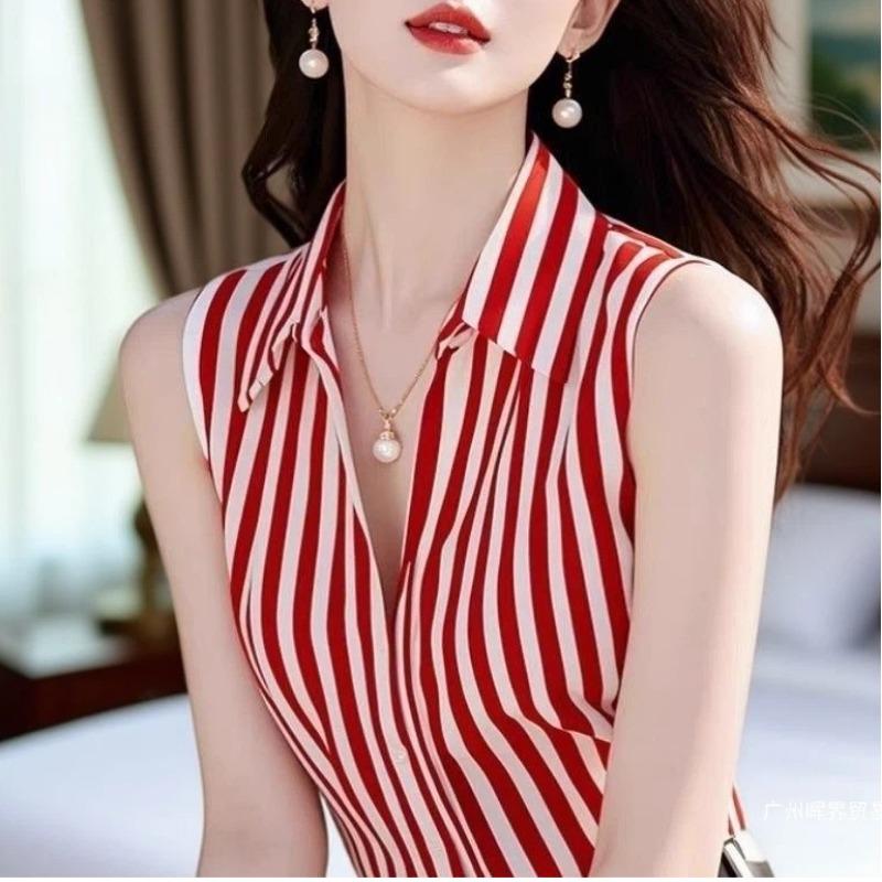 Women Black White Striped Sleeveless V Neck Blouse Elegant Office Casual Tank Tops