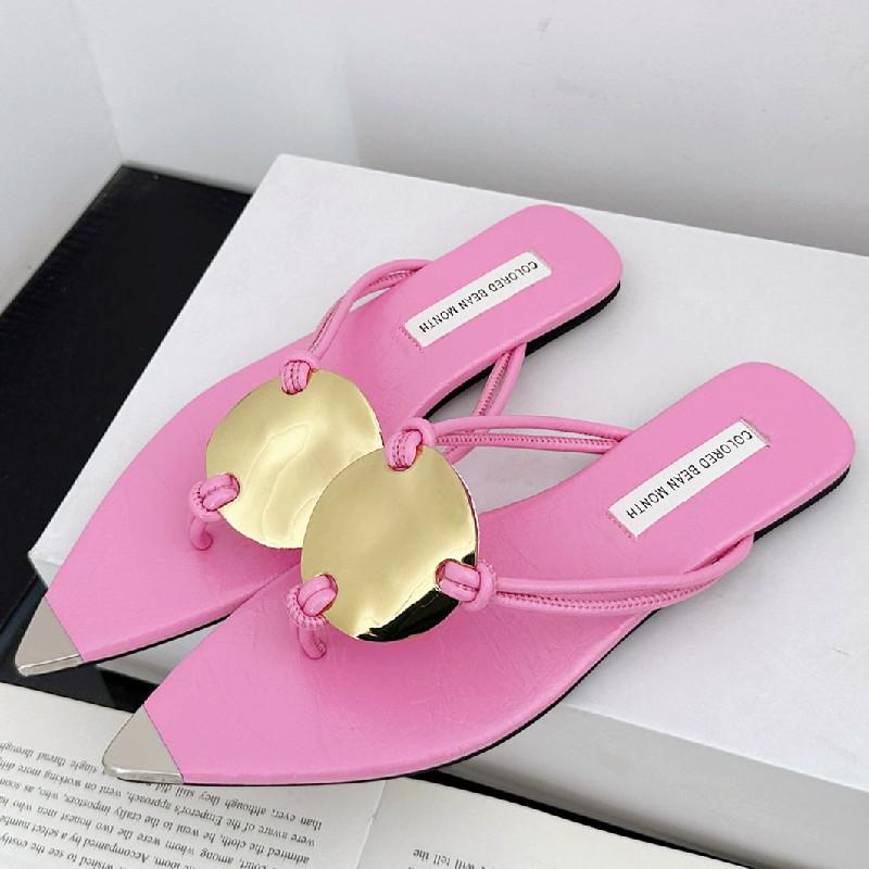 

Fashion Metal Decoration Open Toe Flat Sandals Women Pointed Toe Narrow Band Flip Flops Fashion Comfortable Non-slip Vacation Beach Shoe 35 розовый