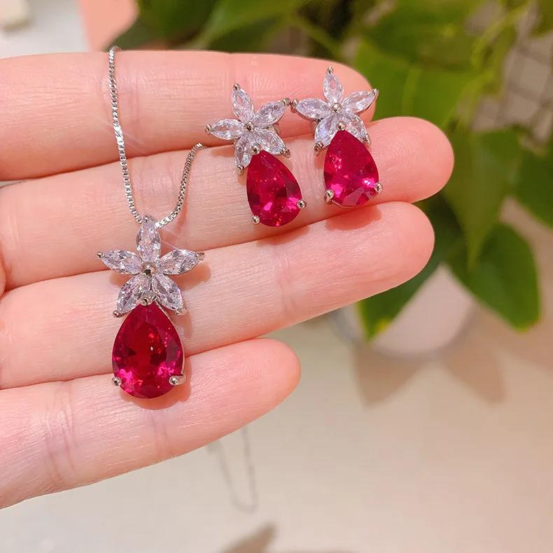 Birnenförmige Wassertropfen Roter Kristall Stern Anhänger Halskette Ohrring Blume Damenschmuck Freundin Geschenk Designer Luxus Mode