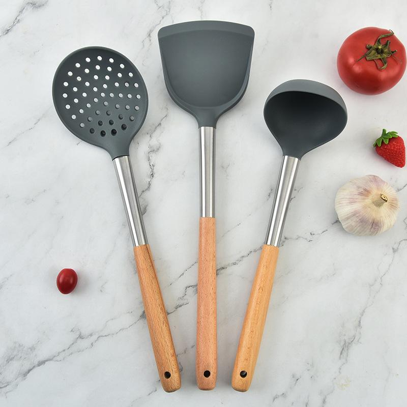 Silikon-Küchenutensilien-Set: 3-teiliger Holzgriff - Spatel, Bratspatel, Schöpfkelle und Schaumlöffel