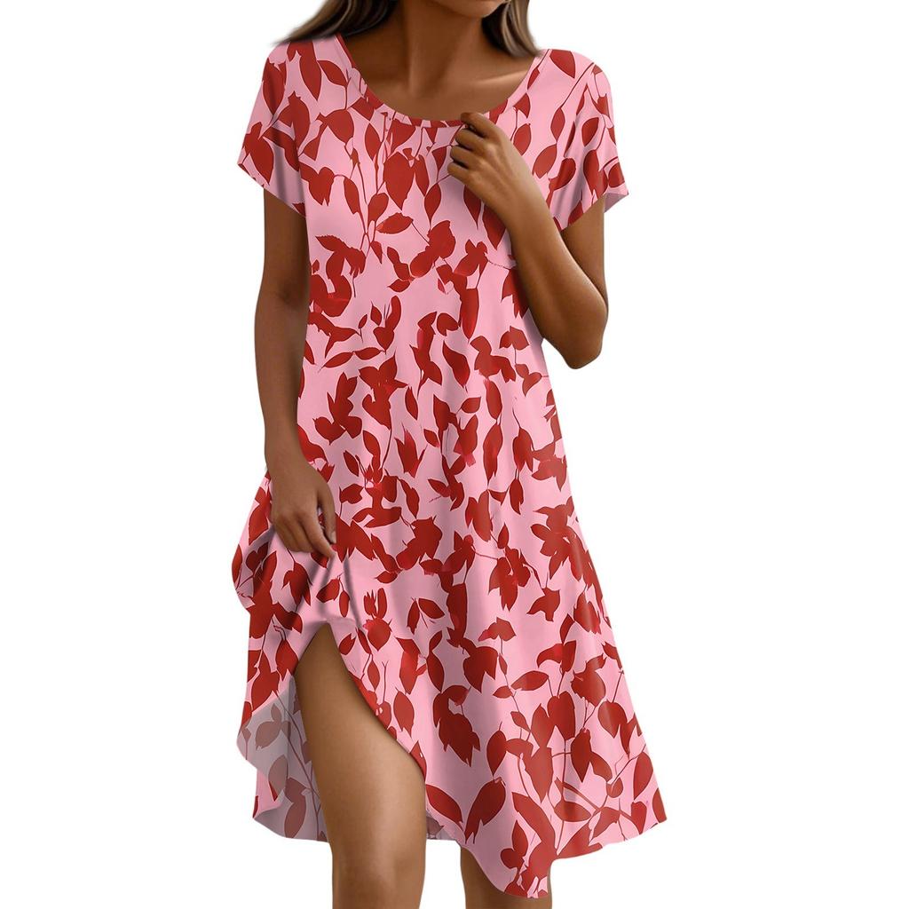 Short Sleeve Boho Dress For Women Casual Loose Fit Sundress Print Round Neck Dress With Pockets