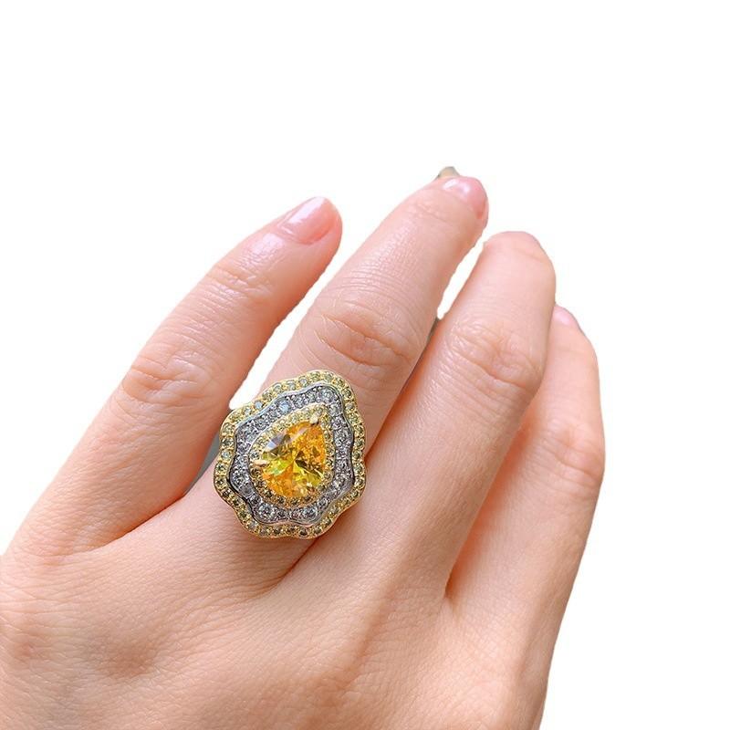 New Pink Ring With Micro Inlaid Pear Shaped Colored Jewelry Retro Exaggerated Zircon Female