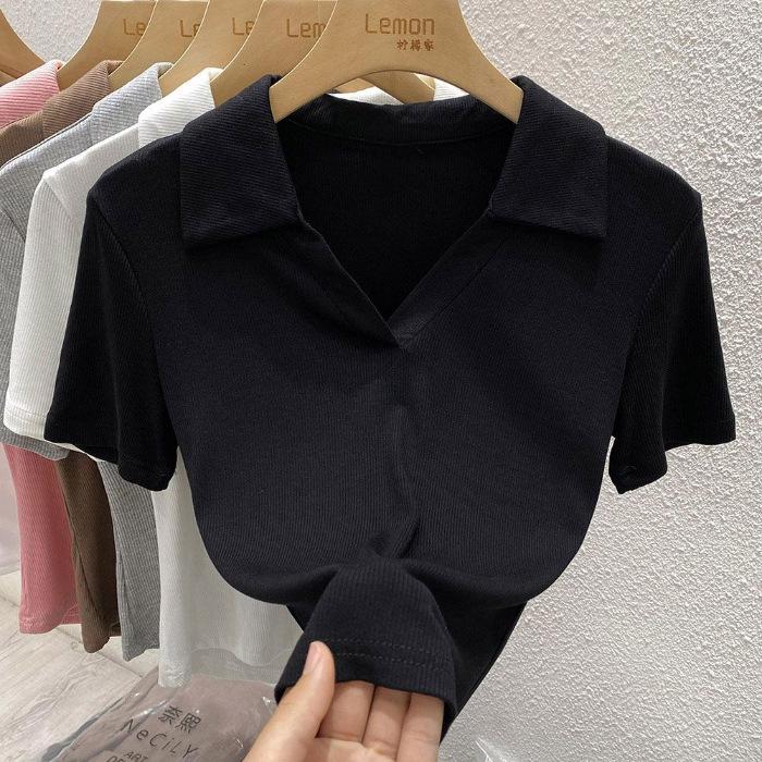 

Женская хлопковая рубашка-поло 2024 года с V-образным вырезом и длинными рукавами в стиле ретро S чёрный