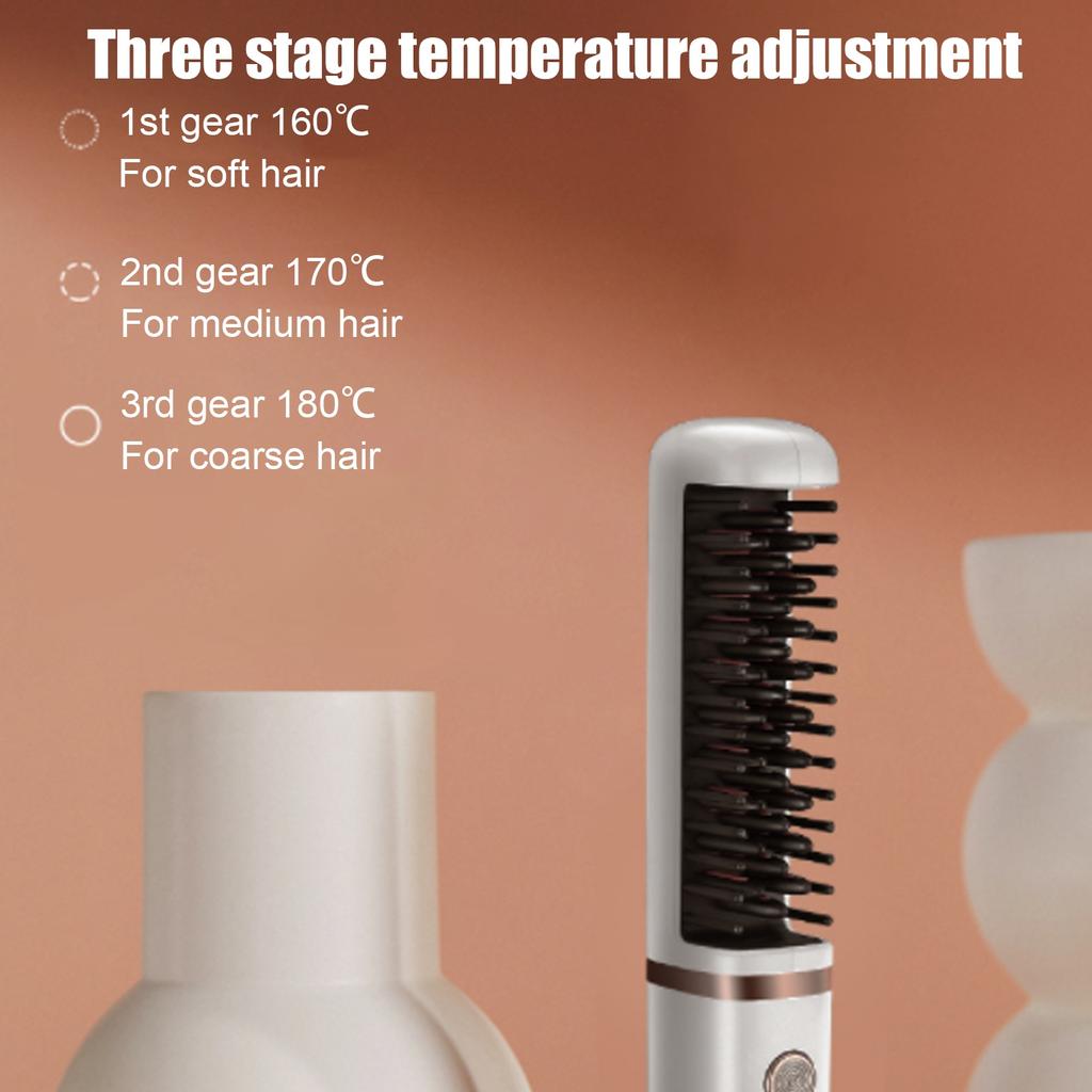 Hair Straightener Brush USB Rechargeable Hair Straightening Curling Brush Pearl White