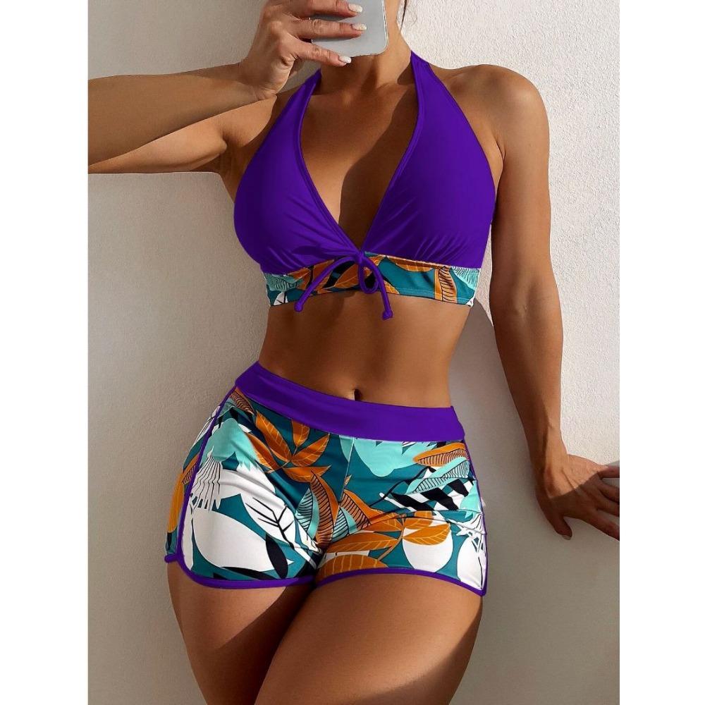 Split Boxer Swimsuit Printed Multi-Color Sports European and American Backless Swimsuit