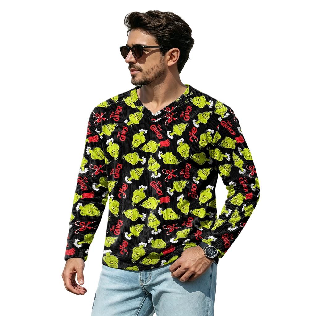 Men's Casual Loose Fit V-Neck Shirt with Christmas Print for Holiday Occasions