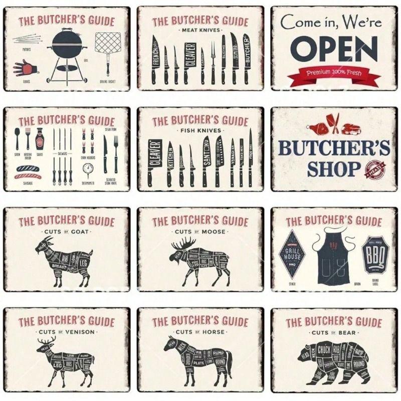 Vintage Metal Poster Wall Art, Butcher Guide Tin Sign, Heavy Bar Decor, Rustic Farmhouse Gift for Man