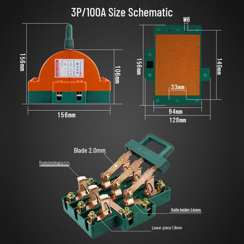 3P 63A Double-Pole Double-Throw Reversing Knife Switch, 100A Three-Phase, Dual Power Transfer