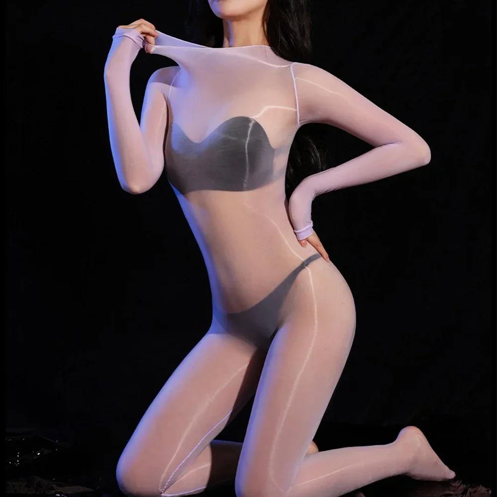 Men Oil Shiny Sexy Open Crotch Sheer Tights Jumpsuit Super Elastic Full Body Stockings Bodysuit Smooth Ultra-thin Mens Bodysuits