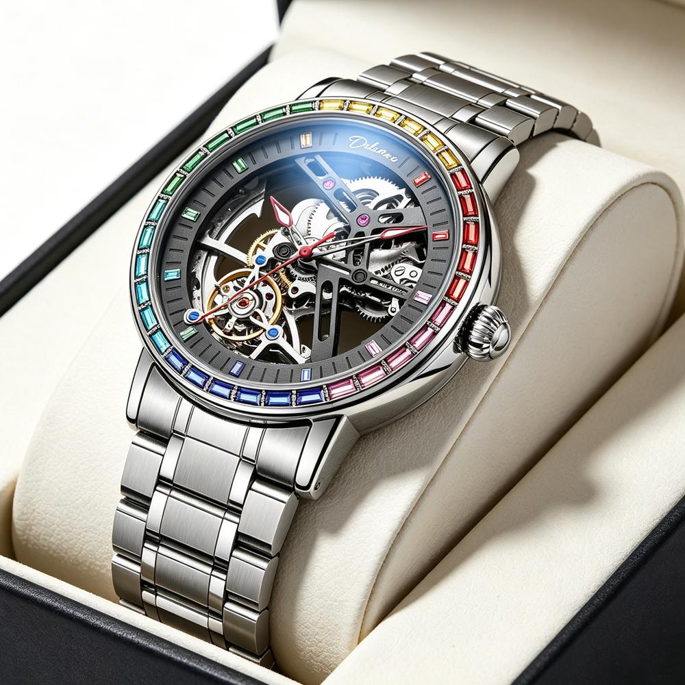 Colored Gemstone Bezel Tourbillon Series Men's Automatic Skeleton Mechanical Watch Trendy Night Light Water-Resistant Wristwatch
