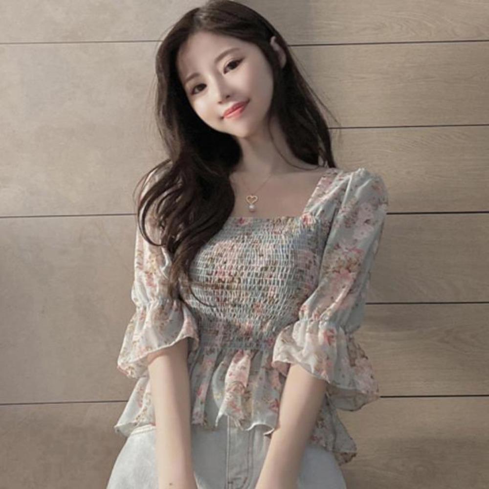 

Шифоновая блузка для женщин Новая Цветочная Расклешенные рукава Облегающая грудь и талию, чтобы они казались стройными Топ для женщин XL зелёный