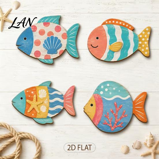 Coastal Wall Art Decor 4PCS Aspen Wood Fish Decor, Colorful Hanging Vintage Distressed Sculptures Art, Beach Theme Decorative Plaques for Bathroom