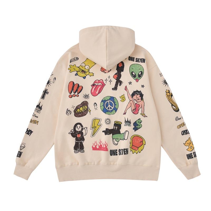 Trendy Brand Hooded Sweatshirt American Hip Hop Vintage Top Graffiti Print Couple Hoodie Loose For Men And Women