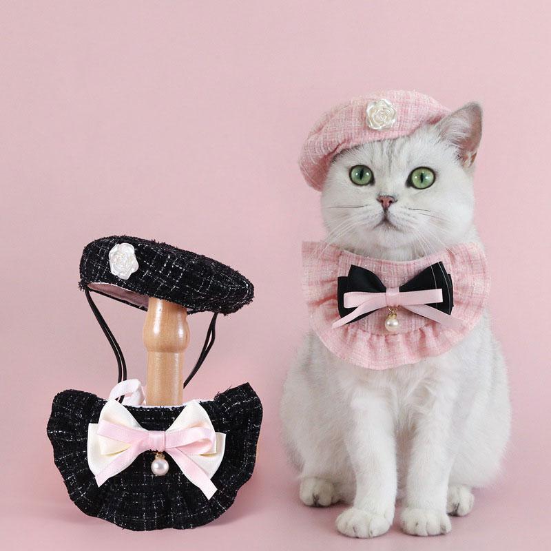Cat Beret Suit Adjustable Flower Cat Dog Pearl Bow Bib Woven Pet Saliva Towel Wedding Party Bowknot Embroidery Princess Suit