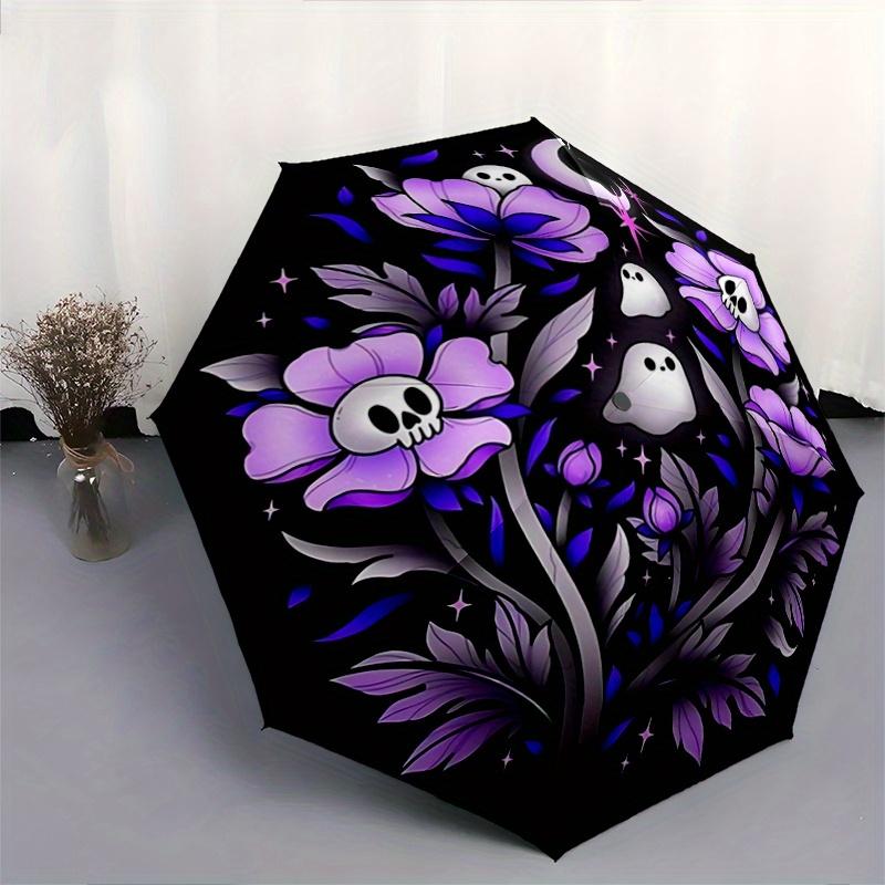 1pc Skeleton Ghost Flower Automatic Open/CloseUmbrella-CuteUmbrella with Cute Design, Portable 3-Fold Compact Umbrella for Men & Women, Vale