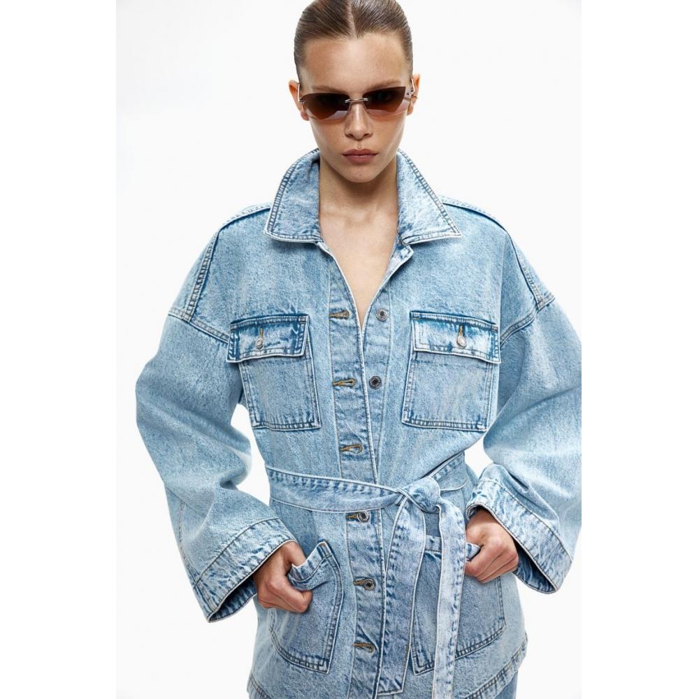 

H M Belted deniM Jacket Pale deniM Blue
