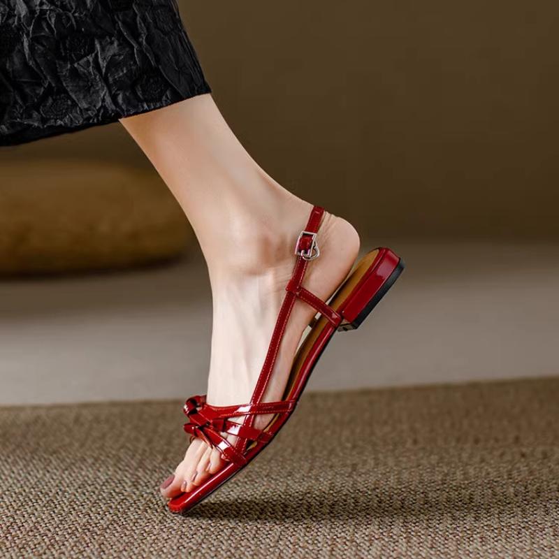 Fashion Summer Casual Flats Sandals Retro Simple Open Toed Red Leather Woven Belt Women Party Shoes